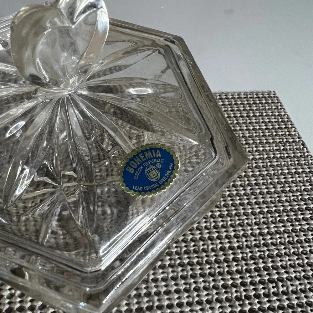 Bohemia Crystal Hexagon Trinket Box Heart Finial Czech Republic Lead Crystal